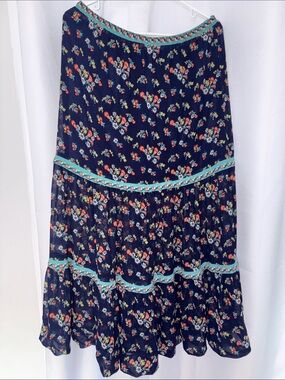 Floral peasant tiered Maxi Skirt with Aqua Trim